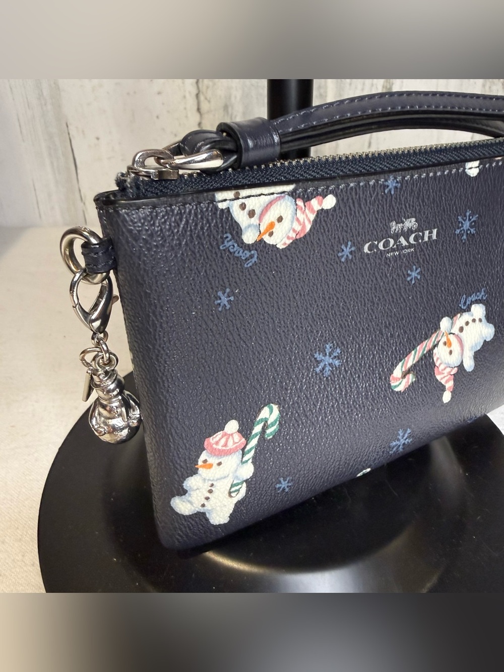 COACH Wristlet Navy Snowman & Candy Canes with Charm Snowman Charm